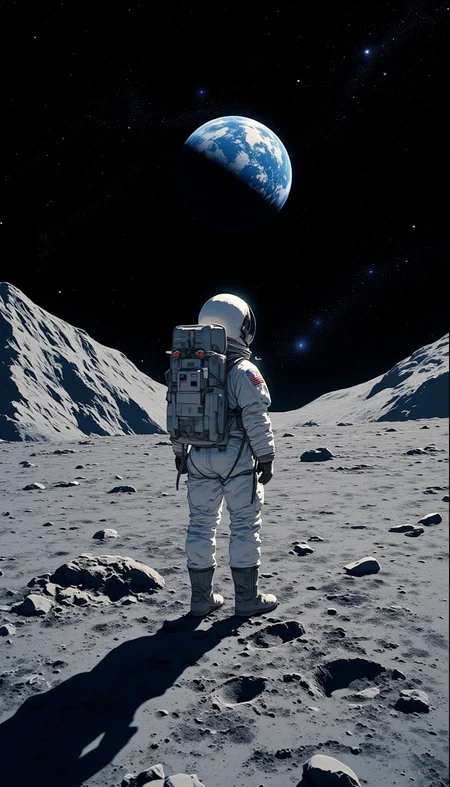 Create the upper body and face of a girl in a space suit is the center of the composition, a highly detailed and realistic scene of the lunar surface under a starry night sky. Show the rough, cratered surface with fine dust, jagged rocks, and small impact craters. Prominently feature astronaut boot prints leading into the distance, deeply imprinted in the powdery lunar regolith. To the left, render a large, well-defined crater with sharp, irregular edges and shadows casting depth. In the background, place the Earth as a brilliant blue and white sphere against the dark sky, with visible cloud patterns. The sky should be deep black with countless twinkling stars, emphasizing the vastness of space. The scene should evoke awe and solitude, capturing the majesty of the lunar landscape and the connection to Earth, rendered with photorealistic accuracy.