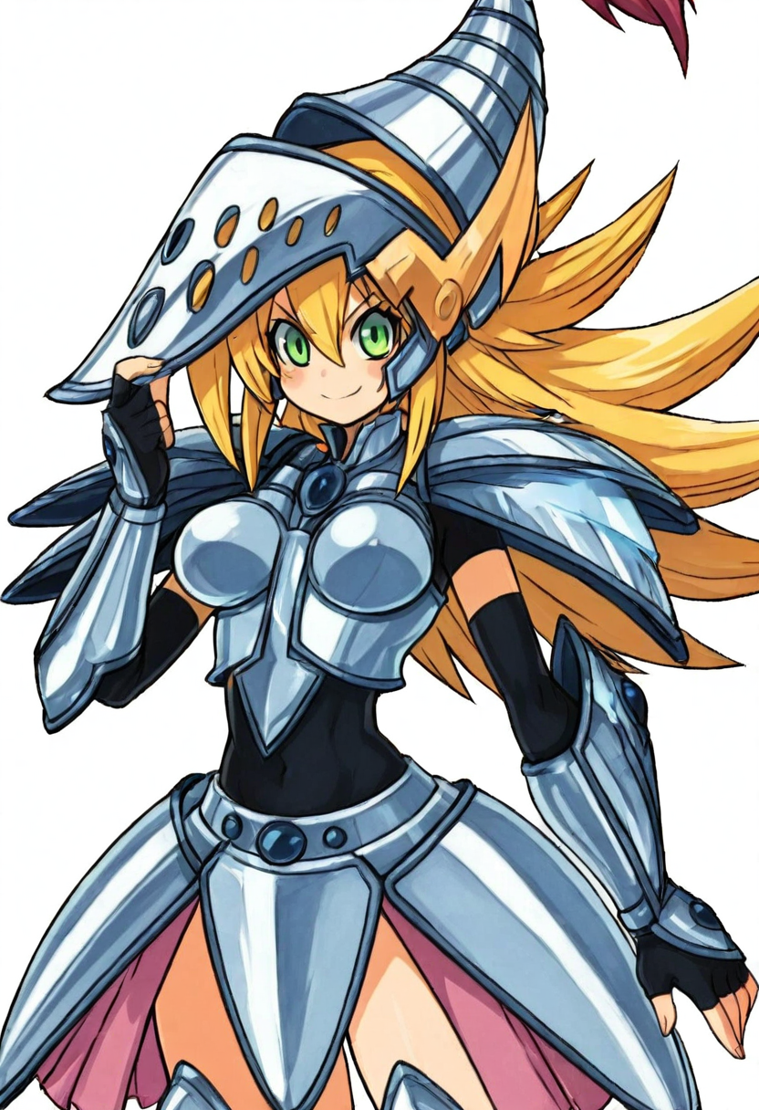 masterpiece, best quality, medium breasts, (curvy),   zzDMGDragonKnight, green eyes, long hair, blonde hair, hair between eyes, armor, helmet,  , <lora:DarkMagicianGirlDragonKnight_NAI:1.0>,, smile, looking at viewer, cowboy shot,  <lora:HaradaTakehito_NAI:0.8>, <lora:ZankuroStyle_NAI:0.5>,