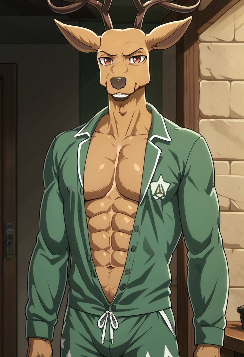 high quality, detailed, source_furry, male, solo male, 1boy, broad shoulders, mature male, reddish brown eyes, athletic build, muscular build, sexy abs, big muscle chest, big muscle biceps, sexy muscle abs, six pack abs, nipple, deer, buck, antlers, brown body, animal ears,  looking at viewer, mature male, solo, anthro, mature skin,detailed, enjoying his muscles, big muscle biceps, front view, smug head, smug smile, Hands behind his neck, someone touches his abs, in pajamas