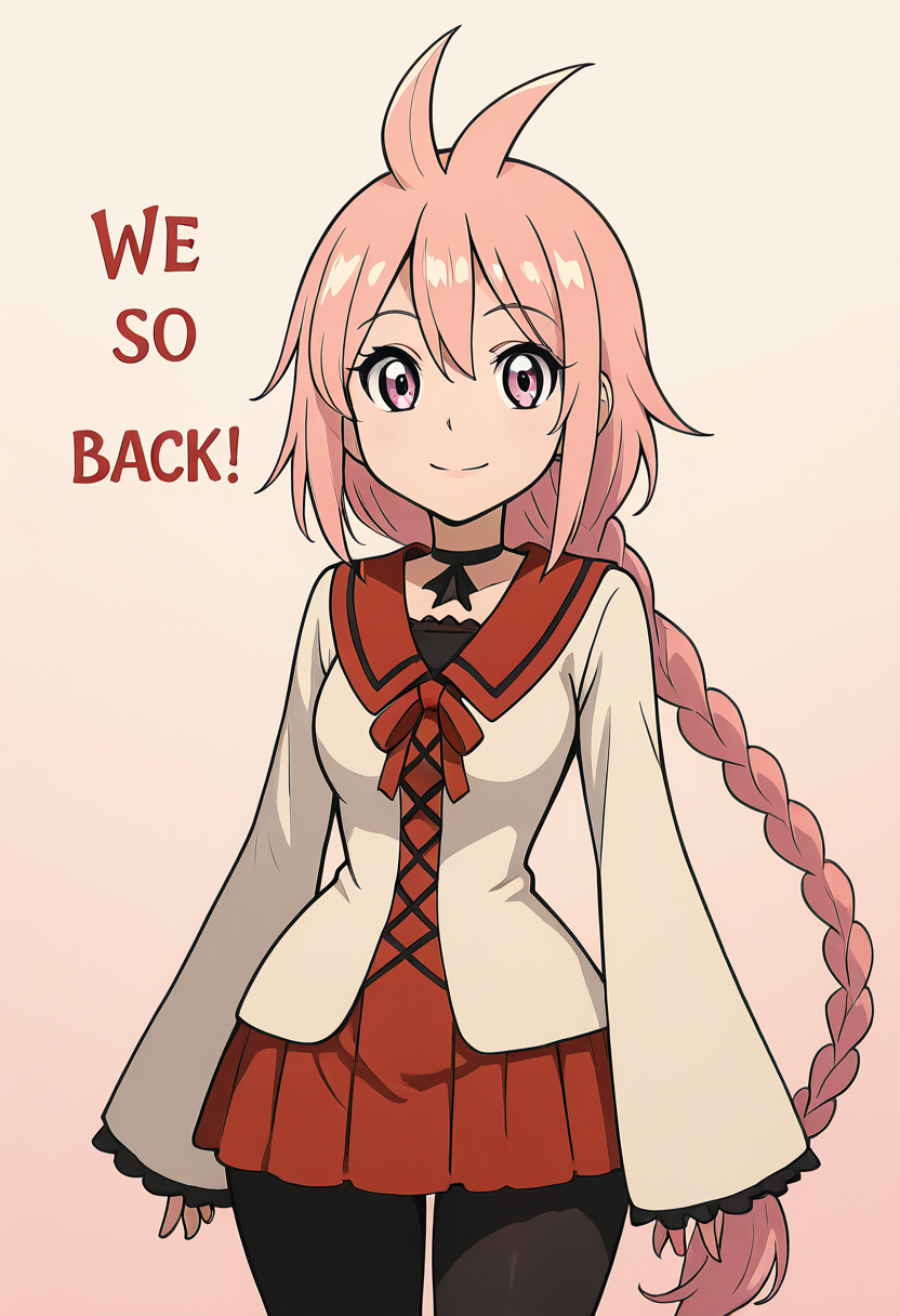masterpiece, best quality, solo, curvy, beautiful eyes, narrow waist, wide hips, 1girl, solo, smile, looking at viewer,   zzKaede, pink eyes, hair between eyes, ahoge, antenna hair, long hair, pink hair, single braid,  school uniform, choker, sleeves past wrists, red skirt, black pantyhose,   ,<lora:KaedeByKurumiErika_IXL:1.0>, , smile, looking at viewer, We4reSoB4ck, text, gradient background, ,<lora:We4reSoB4ck_IXL_v1:1.0>,