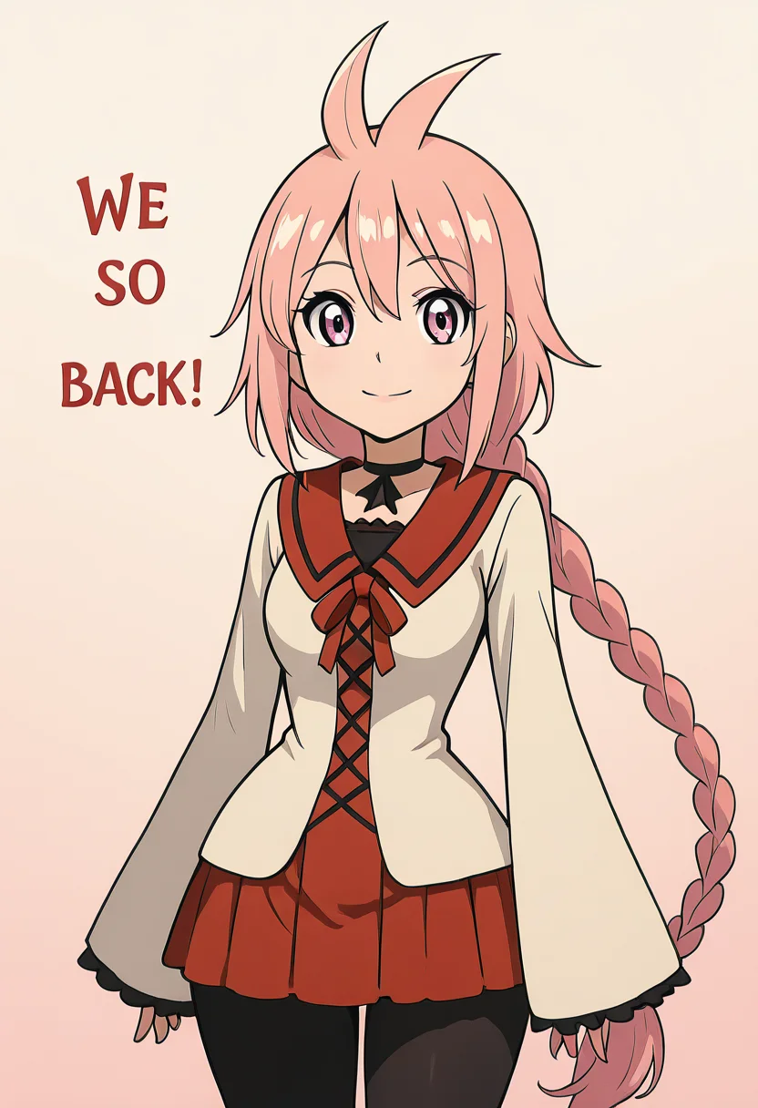 masterpiece, best quality, solo, curvy, beautiful eyes, narrow waist, wide hips, 1girl, solo, smile, looking at viewer, zzKaede, pink eyes, hair between eyes, ahoge, antenna hair, long hair, pink hair, single braid, school uniform, choker, sleeves past wrists, red skirt, black pantyhose, ,<lora:KaedeByKurumiErika_IXL:1.0>, , smile, looking at viewer, We4reSoB4ck, text, gradient background, ,<lora:We4reSoB4ck_IXL_v1:1.0>,