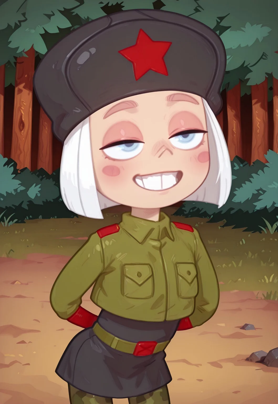 4k, fine detail, high quality eyes, masterpiece, best quality, amazing quality, geh1, 4s0r4, eigaka, possmach, artist:moriimee, 1 girl, solo girl, young, Vera, pale blue eyes, short hair, white hair, pink cheeks, earflap hat, green military jacket, dark gray dress, belt, camo stockings, half-closed eyes, grin, bent over, hands behind back, upper body, camp, forest, 
