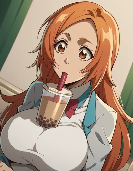 score_9, score_8_up, score_7_up, source_anime, inoueorihime, <lora:inoue-orihime-tybw-ponyxl-lora-nochekaiser:1>, inoue orihime, long hair, orange hair, brown eyes,, <lora:bubble-tea-challenge-ponyxl-lora-nochekaiser:1>, bubble tea challenge, bubble tea, object on breast, drinking straw, drinking straw in mouth, drinking, cup,, indoors, sitting, looking down,, cowboy shot, dutch angle,
