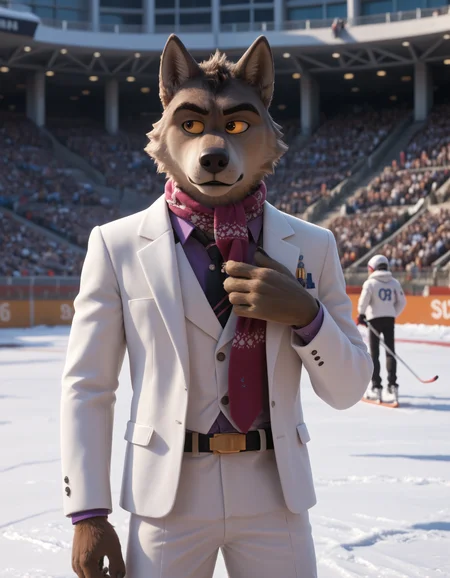 score_9, score_8_up, score_7_up, BREAK (anthro, furry:1.1), depth of field, cinematic lighting, masterpiece, detailed hands, detailed face, best quality, ultra realistic, 4k, 2k, film photography, RAW photo, photorealistic, analog style, subsurface scattering, photorealism, embedding:unaestheticXL_bp5, embedding:zPDXL,(best quality, high quality, 8K:1.5), <lora:add-detail-xl:2.5>, <lora:fix_hands.safetensors:2.0>, <lora:2.5DRealisticV2.safetensors:0.2>, <lora:sinfully_stylish_SDXL.safetensors:0.6>,  <lora:AdvancedEnhancerXLv2.safetensors:1.0>, (hi res), ((masterpiece)), ((best quality)), illustration, <lora:Mr_Wolf.safetensors:0.8>, Mr wolf, bg, Shirt, formal, suit, collared shirt, pants, purple shirt, white jacket, purple necktie, body fur (three-quarter view, three-quarter portrait, looking away, hand on chest, standing looking away spread legs, planetarium, skiing parka,skiing clothes,scarf,ski pants, expressionless:1.15)