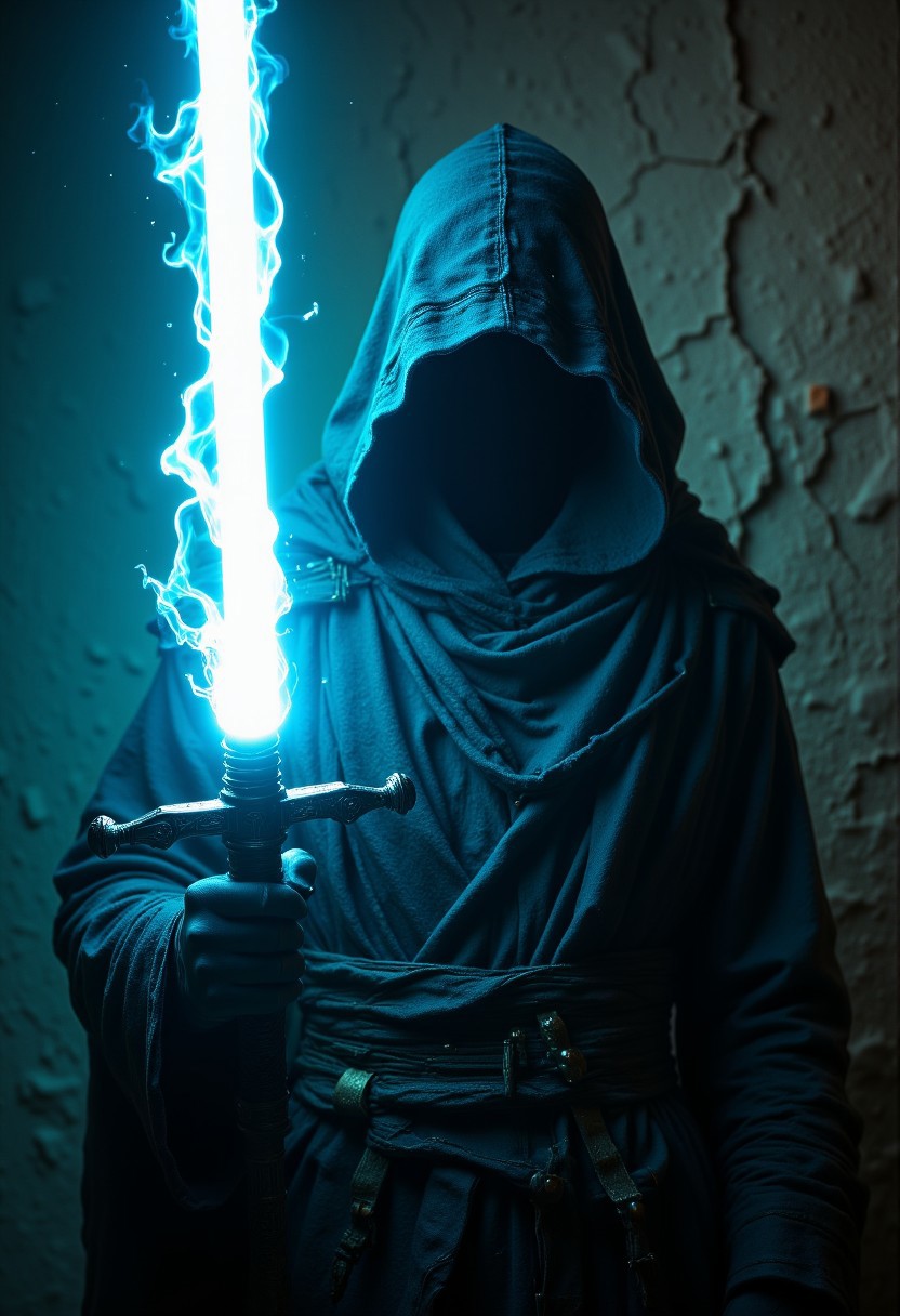 close up, a mysterious, hooded figure holding a large glowing sword. The style is dark and atmospheric, with a focus on shadows and light. The figure is cloaked in a tattered, dark robe that obscures its face, creating an enigmatic and ominous presence. The sword is the focal point, emitting a bright, ethereal blue light that contrasts sharply with the dark background. The background is a textured wall with cracks, adding to the mysterious and ancient feel of the scene. The overall composition is balanced, with the figure positioned slightly off-center, enhancing the dramatic effect of the glowing sword.