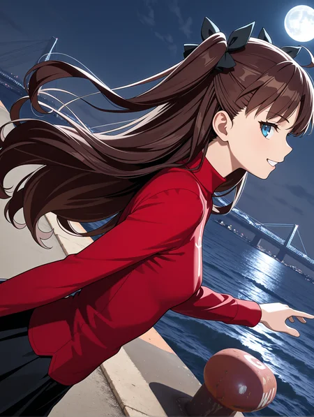 masterpiece,best quality,newest,
1girl,solo,
<lora:solas_ilxl_v1:1>,w_h,bollard,ocean,ships,bridge,moon,night view,
<lora:Fixhands_anime_bdsqlsz_V1:1>,
<lora:T_Rin_ilxlv1.3:1>,t_rin,two side up,brown hair,black hair bow,blue eyes,r_clothes,turtleneck,long sleeves,red shirt,looking_at_viewer,standing,profile,upper_body,grin,
