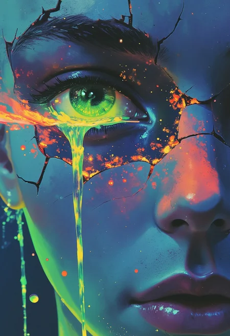 (highly detailed, hyper-realistic ceramic skin, ultra-detailed, fluorescent green molten lava, glowing embers) A surreal close-up portrait of a human face featuring smooth, hyper-realistic ceramic skin that is cracked open in jagged, intricate patterns, revealing glowing fluorescent green molten lava beneath the surface. The ceramic exterior is cold and pale, almost icy blue, with the cracks creating brittle, fragmented edges where small embers flicker at the tips. Fluorescent green lava drips from the eye socket, glowing intensely and contrasting sharply with the polished ceramic surface. The cracks pulse with vibrant green hues, while harsh, dramatic lighting from below and the side casts deep, angular shadows across the face, enhancing the sculpted, statue-like appearance. The molten lava glows brightly, illuminating the surrounding cracks and adding a surreal glow to the overall scene. The embers seem to hover in the air, captured in the moment of eruption. The color palette emphasizes the vivid fluorescent green of the lava and the cool, serene blue of the ceramic skin, creating an otherworldly tension between the fiery intensity and the calm exterior. The atmosphere feels electric, as if a surge of heat and pressure is building beneath the surface, yet the face remains eerily composed, frozen in this moment of surreal eruption.