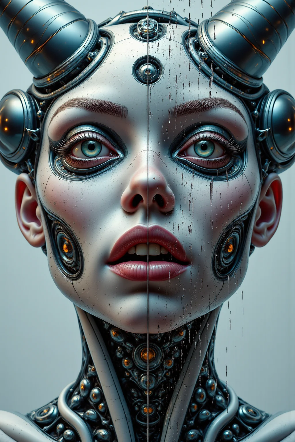 YFG-Ge0m, An abstract, strange, and mysterious image of a mechanical demon. The image should be mosaic shattered into two contrasting halves, each telling a different part of her enigmatic story. low angle, detailed eyes, detailed lips, gray teal and black accents, colored glass shards, poster, impressionist, dynamic, sultry lips, seductive expression. One half should be colorful and glassy, filled with intricate, detailed patterns that evoke a sense of mystery and depth. The other half should be lighter, with surreal, artistic elements that hint at her hidden secrets and inner world.