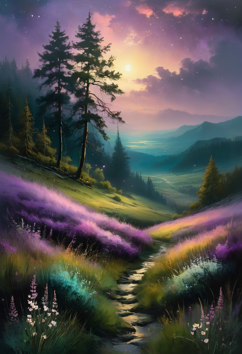 famous artwork by (maurice sapiro:1.4), beautiful painting of the a forgotten valley in a mysterious twilight light, lonely stars in the velvet sky, unbearable sadness and bitter joy, longing for the past in lilac shades, meadows and grasses, greenish spruce trees. High resolution details, ultra detailed, 8k, uhd, studio photo quality,  OverallDetailXL,  <lora:Detailed_notrigger:1> <lora:SDXLFaeTastic2400:0.5>