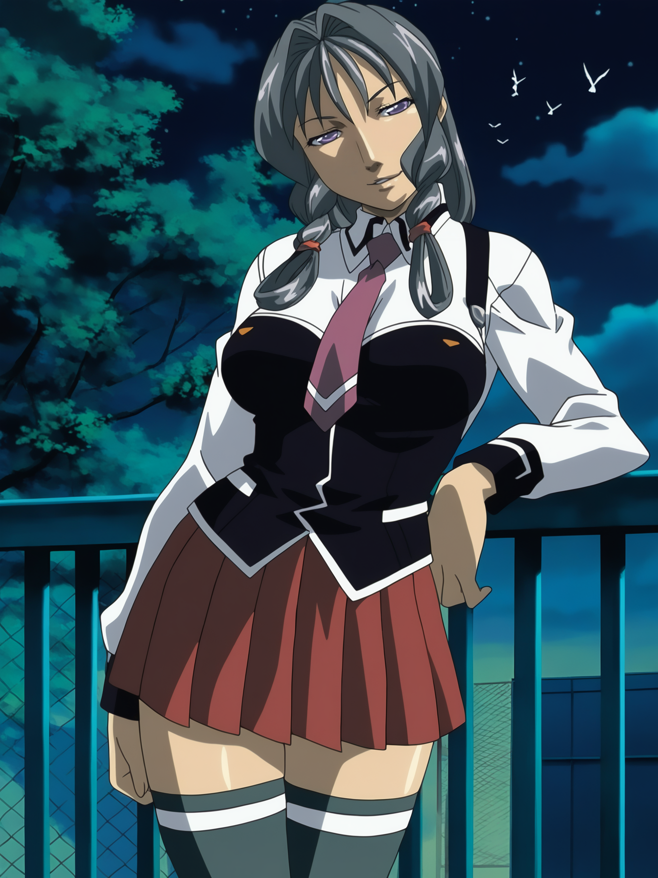masterpiece, best quality, highres, absurdres, very awa, shiny skin, game cg, anime coloring,
1girl, saki kiriya, standing, cowboy shot,
looking at viewer, parted lips, smirk, leaning on fence, head tilt, contrapposto, half-closed eyes, hand on own hip,
long hair, braided sidelocks, hair rings, grey hair, purple eyes, lips,
thick thighs, shiny skin, large breasts, curvy,
long sleeves, white shirt, purple necktie, black vest, suspenders, red skirt, pleated skirt, black thighhighs,
outdoors, cloudy sky, (bird:0.7), tree, sidelighting, night, starry sky, chain-link fence, on rooftop, amazing background, fingers,
 <lora:Saki Kiriya 3216 NoobAIXL Epsilon_IL:1>