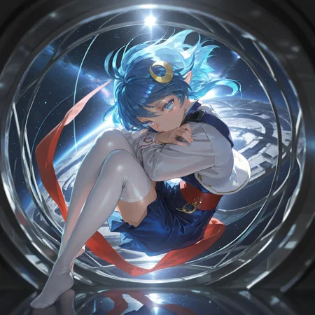 by [lack|fuzichoco|lam|kinta \(distortion\)|wlop|quasarcake|nixeu|happoubi jin],
rena lanford, 1girl, solo, blue hair, crescent hair ornament, red waist cloth, blue skirt, white thighhighs, long sleeves,
full body, from above, knees up, colored eyelashes, close-up,
star \(sky\), space station, floating hair, black theme, blue eyes, looking at viewer, backlighting, vignetting, depth of field, round image, window, glass, reflection,
masterpiece, best quality, very aesthetic, absurdres
<lora:illustrious_best_quality_v1:1>
<lora:illustrious_quality_modifiers_masterpieces_v1:1>