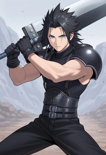 masterpiece,best quality,amazing quality, source_anime,
ZakkusuFea, 1boy, male focus, solo, blue eyes, black hair, spiked hair, medium hair, scar on cheek, shoulder armor, sleeveless turtleneck, gloves, black gloves, multiple belts, black pants, buster sword, outdoor, fighting stance,