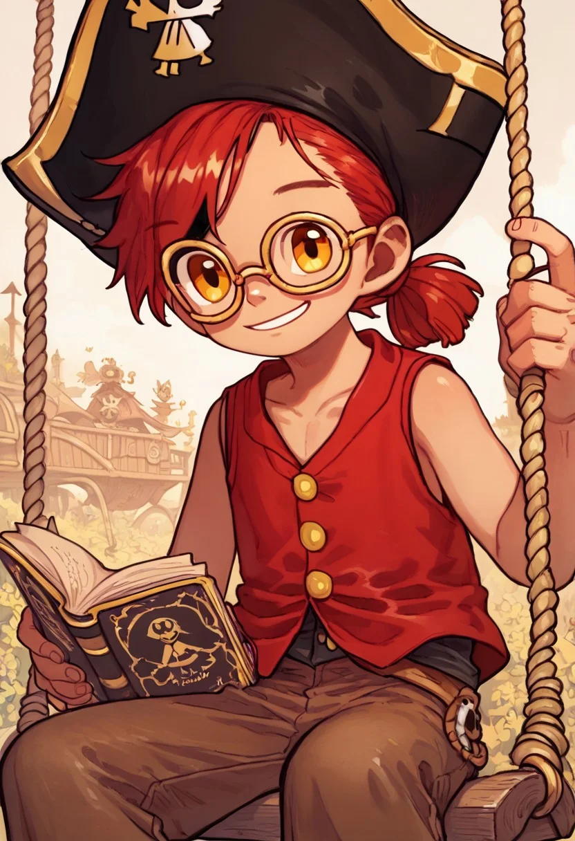 score_9, score_8_up, score_7_up, 1boy, solo, cute boy, outdoors, red hair, short ponytail, amber eyes, glasses, black pirate hat, holding book, swing down book, strike book, red vest, sleeveless, button, collarbone, brown pants, patch on pants, pirate boy, big smile