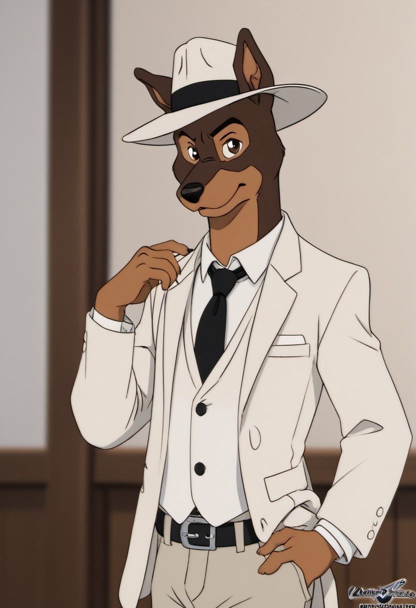 score_9, score_8_up, score_7_up, score_6_up, score_5_up, score_4_up, photorealistic, realistic, masterpiece), furry male, detailed face, detailed eyes, detailed hair, detailed fur, solo, WB_SketchV1
BREAK
Martin_Torque, Doberman, Anthro Dog, Brown Fur, Tan Markings, black eyes, black nose, white suit, white shirt, black tie, hat, fedora, white fedora, white pants, footpaws
<lora:DetailedEyes_V3:1>