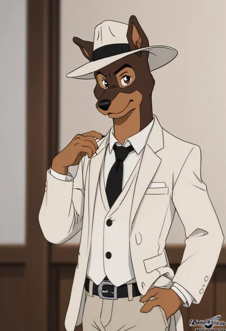 score_9, score_8_up, score_7_up, score_6_up, score_5_up, score_4_up, photorealistic, realistic, masterpiece), furry male, detailed face, detailed eyes, detailed hair, detailed fur, solo, WB_SketchV1
BREAK
Martin_Torque, Doberman, Anthro Dog, Brown Fur, Tan Markings, black eyes, black nose, white suit, white shirt, black tie, hat, fedora, white fedora, white pants, footpaws
<lora:DetailedEyes_V3:1>