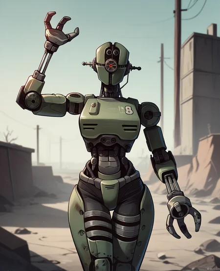 score_9, score_8_up, score_7_up, score_6_up, score_5_up, source_furry, assaultron, fallout, 1girl, solo, breasts, looking at viewer, robot, humanoid robot, robot joints, one-eyed, joints, no humans, green skin, mechanical arms, crotch plate, science fiction, post-apocalypse, outside, green armor, robotic hand, 3 fingers
<lora:assaultron_pdxl_:0.8>