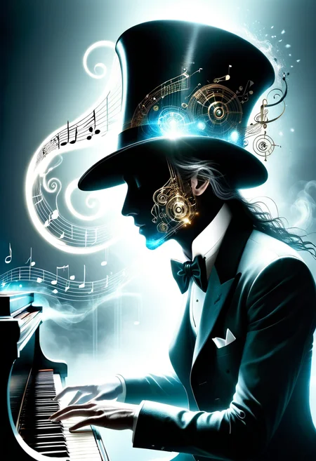close-up of spectral musician playing a piano, top hat, ragged clothes, featureless face, side view, ghostly musical notes floating in the air, misty, sunbeam, submerged, haunted vibe, mystical, retrofuturism
<lora:dvr-tldr:0.8> dvr-tldr