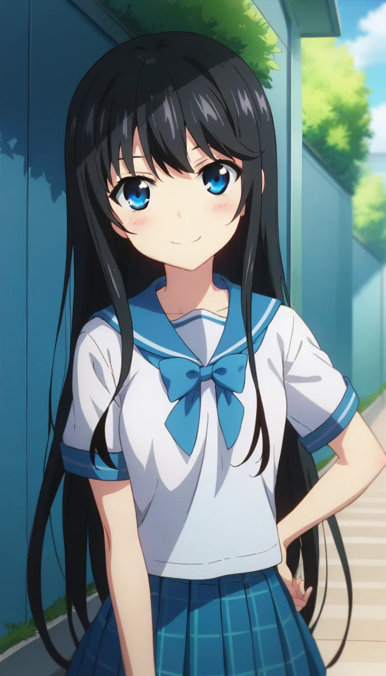 score_9,score_8_up,score_7_up,score_6_up BREAK official art,solo,outdoors,upper body,(portrait:1.5),looking at viewer,facing viewer,smile,blush,(petite:2),Minamiya Natsuki,very long hair,black hair,sidelocks,bangs,blue eyes,school uniform,serafuku,blue sailor collar,blue bowtie,blue ribbon,white shirt,short sleeves,medium breasts,miniskirt,blue skirt,pleated skirt,plaid skirt,black thighhighs,zettai ryouiki,loafers,<lora:Minamiya Natsuki(bstb)-Pony:1.5>,