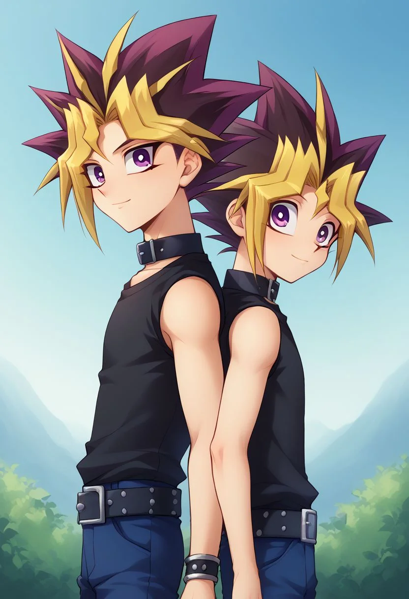 score_9, score_8_up, source_anime, highly detailed, 2boys,
yami, 1boy, male focus, blonde hair, purple eyes, multicolored hair, shirt, black shirt, shirtless, spiked hair, BREAK
yugi, 1boy, male focus, dyed bangs, spiked hair, blonde hair, purple hair, dyed bangs, pants, bangs, shirt, blue pants, purple eyes, black shirt, sleeveless, multicolored hair, belt,
outdoor, upper body, height difference, smile,