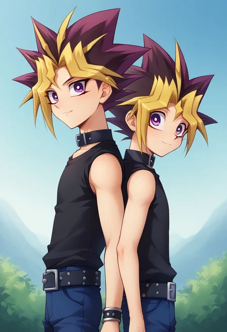 score_9, score_8_up, source_anime, highly detailed, 2boys,
yami, 1boy, male focus, blonde hair, purple eyes, multicolored hair, shirt, black shirt, shirtless, spiked hair, BREAK
yugi, 1boy, male focus, dyed bangs, spiked hair, blonde hair, purple hair, dyed bangs, pants, bangs, shirt, blue pants, purple eyes, black shirt, sleeveless, multicolored hair, belt,
outdoor, upper body, height difference, smile,