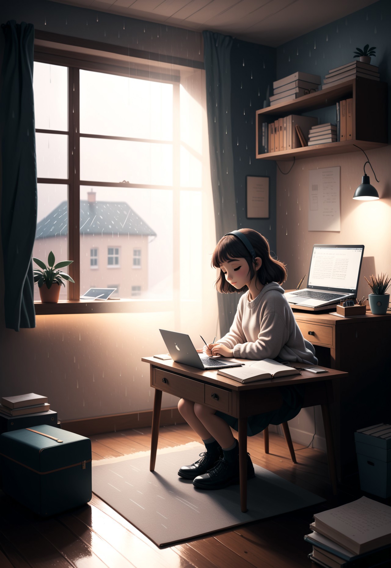 Cozy bedroom scene featuring a (lo-fi girl:1.3) style, with a (somber:1.2) atmosphere. Show a (homework desk:1.4) cluttered with a (laptop:1.3), (notebook:1.2), and scattered papers, illuminated by soft, warm light. Rain gently patters against the window, creating a tranquil backdrop. Emphasize (introspective mood:1.2), (detailed textures:1.3), and (subtle color palette:1.1) to enhance the cozy, reflective vibe