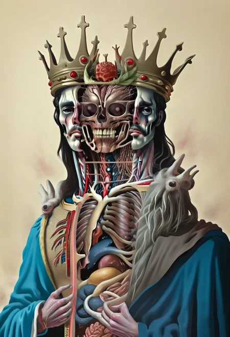 poster art, king with crown split head and body, mortal anatomy inside body, surreal