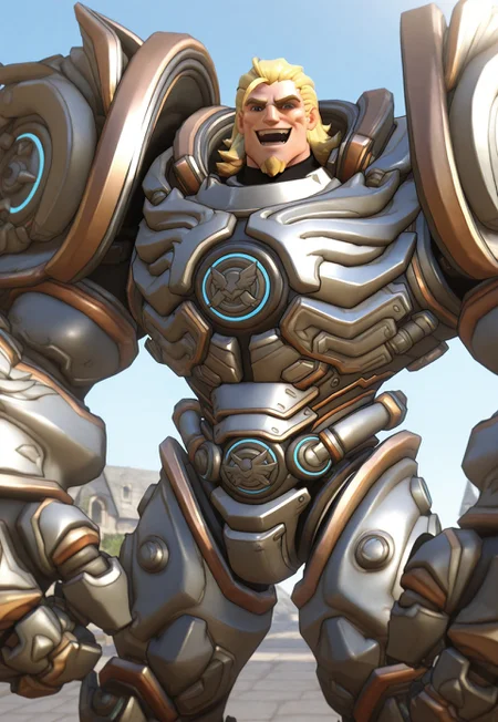 3d, ultra-detailed face, defined face, reinhardt \(crusader\) \(overwatch\), 1boy, medium hair, blonde hair, goatee, blue eyes, bara, (muscular, bodybuilder, broad shoulders, big arms, thick thighs), (armor, pauldron), :d, happy, open mouth, looking at viewer, cowboy shot, very awa, masterpiece, best quality, absurdres, newest, perfect quality, detailed background, intricate details