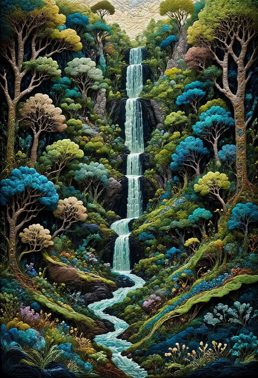 A lush, verdant landscape unfolds, with dense forests of towering trees and thick underbrush stretching as far as the eye can see. The ground is covered in a vibrant carpet of moss and ferns, while vines climb up tree trunks, adding layers of greenery to the scene. A waterfall cascades down a rocky cliff in the background, its waters sparkling in the sunlight and feeding a clear, tranquil river that winds through the forest. Summera. The landscape is alive with the sounds of nature, from the rustle of leaves to the distant calls of wildlife. The overall scene is one of untamed natural beauty and abundant life. The artwork emphasizes the richness of the greenery, with detailed depictions of the plants and trees that make up the landscape. The colors are deep and saturated, creating a sense of depth and vitality. The lighting is natural and dynamic, with sunlight filtering through the trees, casting dappled light and shadows that enhance the lushness and depth of the scene