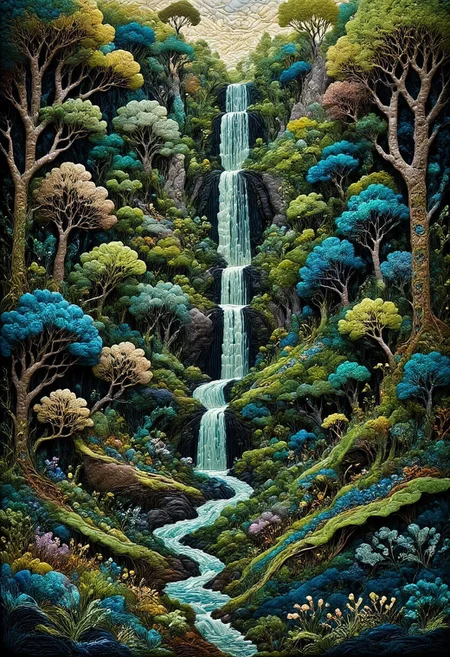 A lush, verdant landscape unfolds, with dense forests of towering trees and thick underbrush stretching as far as the eye can see. The ground is covered in a vibrant carpet of moss and ferns, while vines climb up tree trunks, adding layers of greenery to the scene. A waterfall cascades down a rocky cliff in the background, its waters sparkling in the sunlight and feeding a clear, tranquil river that winds through the forest. Summera. The landscape is alive with the sounds of nature, from the rustle of leaves to the distant calls of wildlife. The overall scene is one of untamed natural beauty and abundant life. The artwork emphasizes the richness of the greenery, with detailed depictions of the plants and trees that make up the landscape. The colors are deep and saturated, creating a sense of depth and vitality. The lighting is natural and dynamic, with sunlight filtering through the trees, casting dappled light and shadows that enhance the lushness and depth of the scene