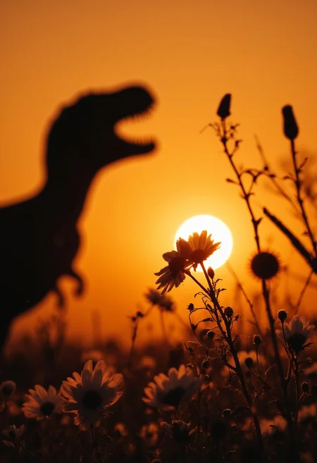 m100-style, Close-up of a flowering camomile plant in the background as the sun sets atmospherically behind a Silhouette of a Dangerous towering t-rex