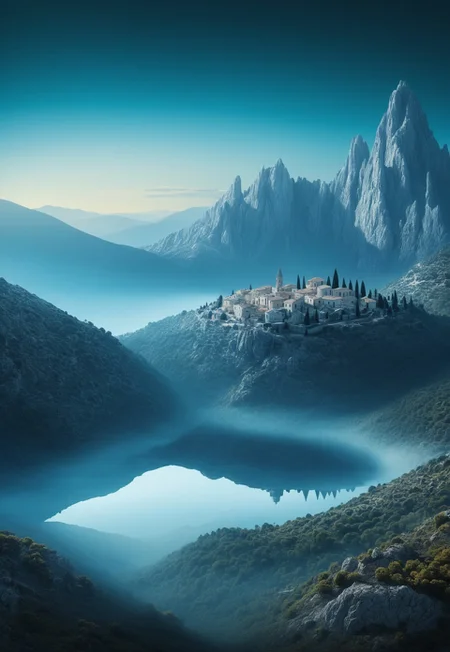 their peaks veiled in mist. mixed media, surrealism, great lighting, A surreal landscape highly detailed . extremely high-resolution details,  appears trapped in an optical illusion of reflections and refractions colorful , mountains and village in Ancient Greece , professional photography, natural lighting, volumetric lighting maximalist. intricately detailed, complex, elegant, expansive, fantastical, film photography style,  medium grain
 (8k uhd:1,4)
(((full-clothed))),
 <lora:add-detail-xl:1>
 <lora:Dynamic Poses:1>