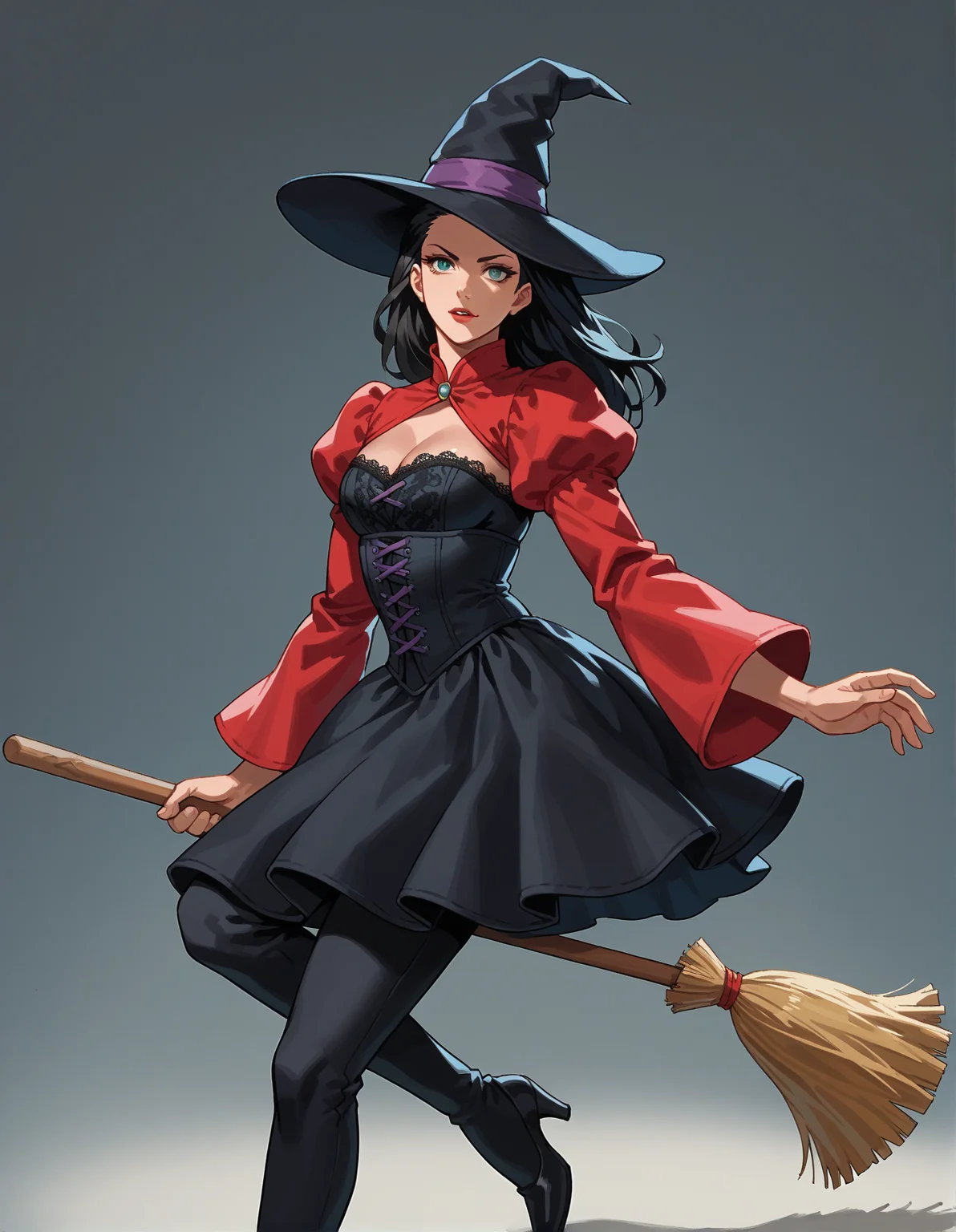 Street Fighter style score_9, score_8_up, score_7_up, score_6_up, score_5_up, score_4_up, hud_br00m, 1girl, solo, broom, Deep crimson full gown with black lace overlay, corset top, flowing sleeves, photo by Annie Leibovitz, broom riding, long black hair, witch hat, <lora:hud_br00m_XLP:0.8>, flying
