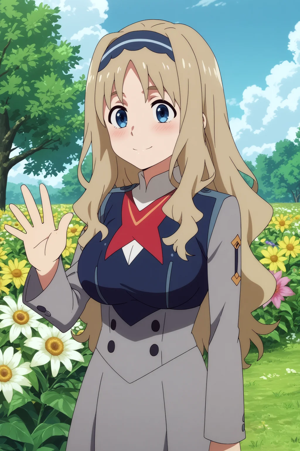 kokoro,1girl,solo,long hair,hairband,blonde_hair,uniform,military_uniform,military,breasts,large breasts,waving,smile,upper body,cowboy shot BREAK outdoors,blue sky,cloudy_sky,yellow flower,flower field,tree <lora:Kokoro_-_Darling_in_the_franxx.safetensors:0.8> <lora:detailed_backgrounds_v2.safetensors:0.5>