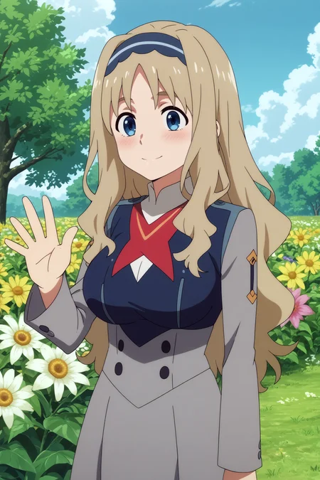 kokoro,1girl,solo,long hair,hairband,blonde_hair,uniform,military_uniform,military,breasts,large breasts,waving,smile,upper body,cowboy shot BREAK outdoors,blue sky,cloudy_sky,yellow flower,flower field,tree <lora:Kokoro_-_Darling_in_the_franxx.safetensors:0.8> <lora:detailed_backgrounds_v2.safetensors:0.5>