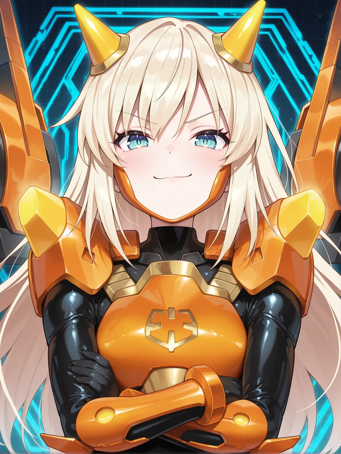 1girl,sky striker ace - kaina,orange power armor,mecha musume,official alternate costume,solo,crossed arms,smug,looking at viewer,v-shaped eyebrows,black bodysuit,orange mechanical parts,multi mechanical parts,orange headgear,orange armored gloves,orange breastplate,blue honeycomb \(pattern\),upper body,
masterpiece,best quality,amazing quality,very aesthetic,absurdres,newest,<lora:Sky striker ace - Raye illusXL v1:0.85>,