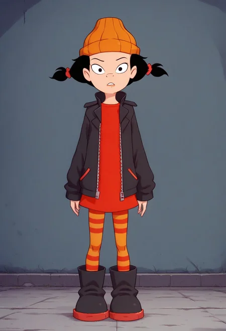 1girl, solo, orange beanie, black hair, twin pigtails, red scrunchie, unzipped black jacket, red dress with a round neckline, red-and-orange striped tights, oversized black boots with buckles