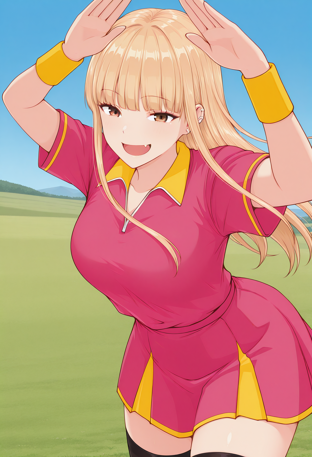 ruriko, fang, brown eyes, blonde hair, long hair, blunt bangs, ear piercing, yellow wristband, pink shirt, short sleeves, pink skirt, black thighhighs, zettai ryouiki, <lora:ruriko_illustrious_ver2:0.8> 
smile,, masterpiece, best quality, sensitive,, 1girl, solo, blue sky, (grasslands:1.2), looking at viewer,, (cowboy shot, dynamic pose:1.4),