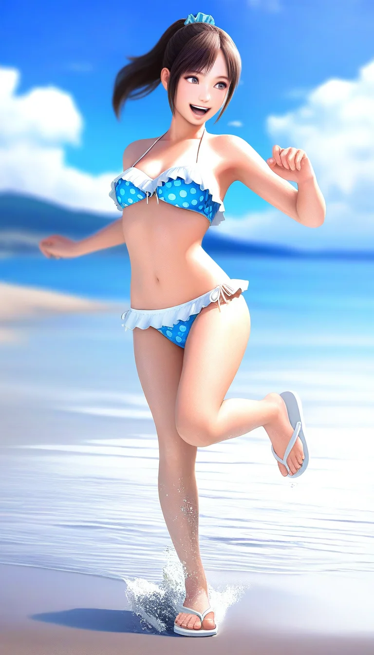 masterpiece,best quality,amazing quality,
<lora:miiyamotohikariNAI:1>,miiyamotohikari,realistic,
1girl,solo,black hair,ponytail,bangs,blue scrunchie,brown eyes,blue bikini with white trim,white ribbon,
white flip-flops,
standing on one leg,leg up,open smile,in water,splash,
beach,blue sky,cloud,hill,
day,soft lighting,depth of field,