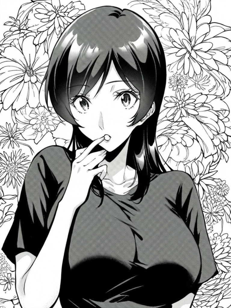 score_9, score_8_up, score_7_up, 
1girl, monochrome, Kimiko nk, large breasts, black hair, long hair, large breasts,
hand to mouth, face, black t-shirt, short sleeves, looking at viewer, parted lips, wide-eyed, floral background,