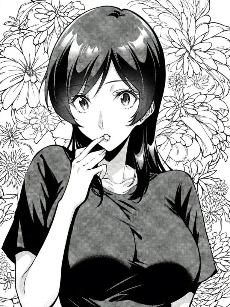 score_9, score_8_up, score_7_up,
1girl, monochrome, Kimiko nk, large breasts, black hair, long hair, large breasts,
hand to mouth, face, black t-shirt, short sleeves, looking at viewer, parted lips, wide-eyed, floral background,