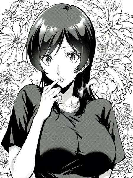 score_9, score_8_up, score_7_up,
1girl, monochrome, Kimiko nk, large breasts, black hair, long hair, large breasts,
hand to mouth, face, black t-shirt, short sleeves, looking at viewer, parted lips, wide-eyed, floral background,