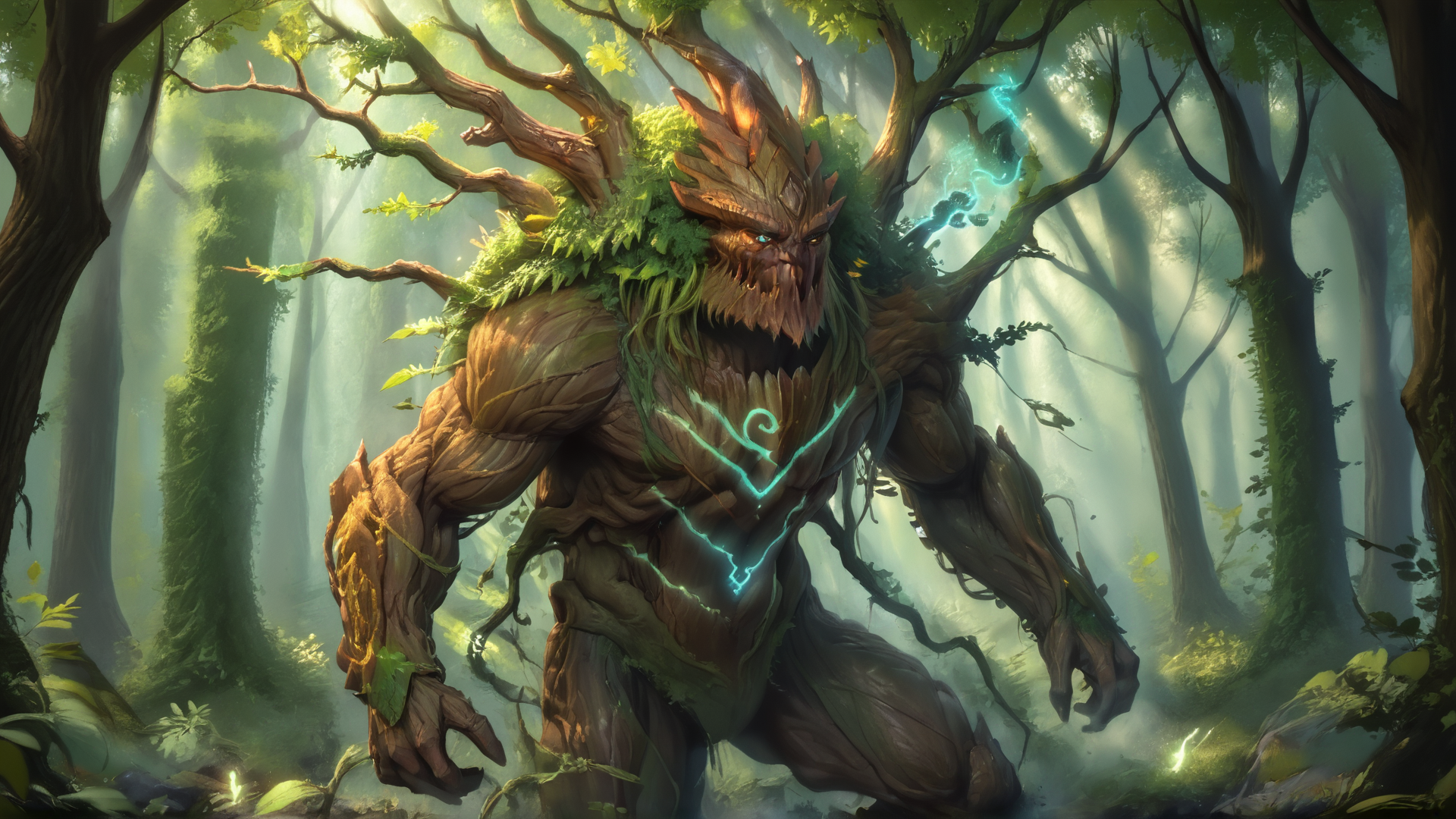 A colossal ancient treant, rough bark texture with deep grooves and glowing amber sap veins, twisted trunk torso, massive root-like legs digging into the soil, branch-like arms covered in moss and ivy, dense leafy foliage sprouting from its back, surrounded by a mystical forest with bioluminescent mushrooms, soft sunlight filtering through the canopy, hyper-detailed, fantasy realism, cinematic composition, vibrant natural colors  <lora:Treant:1> <lora:realistic_pony:0.8> <lora:xl_more_art-full_v1:0.8> 2 arms, bush in the back, lushious forest, leaves in the back, branches in the back