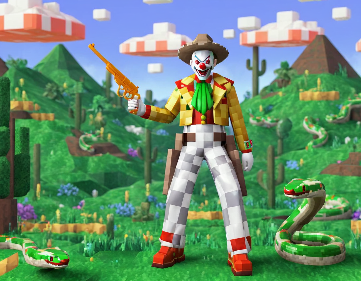 90sgum, clown ((cowboy (with snake head) with a gun) character old retro game 3d, polygonal, pixelated, lo-fi, green hills backdrop, shapes and patterns, professional photosession for magazine  <lora:90sgum_v0.0.2-cap-e30:0.8>