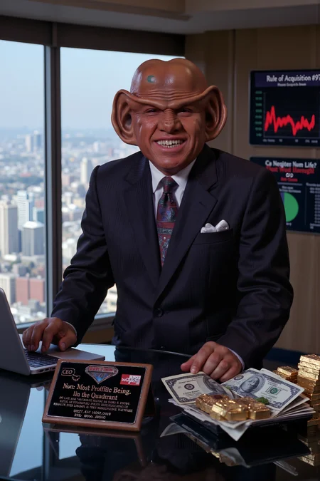 A Ferengi businessman, dressed in an impeccably tailored pinstripe suit, stands behind a sleek glass desk in a high-rise office, furiously typing on a laptop. His large ears twitch as he eagerly monitors the stock market ticker, eyes wide with glee as his investments soar. Behind him, a wall of motivational posters reads "Profit is Life" and "Rule of Acquisition #97: Enough... is never enough." His toothy grin is barely contained as he clutches a stack of credit cards, each one glowing with potential. On the desk, piles of cash and gold bars sit casually, along with a plaque that reads âCEO: Most Profitable Being in the Quadrant.â The skyline of a bustling metropolis stretches beyond the window, but all his attention is focused on the blinking numbers of his growing fortune.<lora:aidmaMJ6.1-FLUX-V0.1:0.6><lora:Movie_Portrait><lora:Flux DetailerV2><lora:ferengiV1_FLUX>