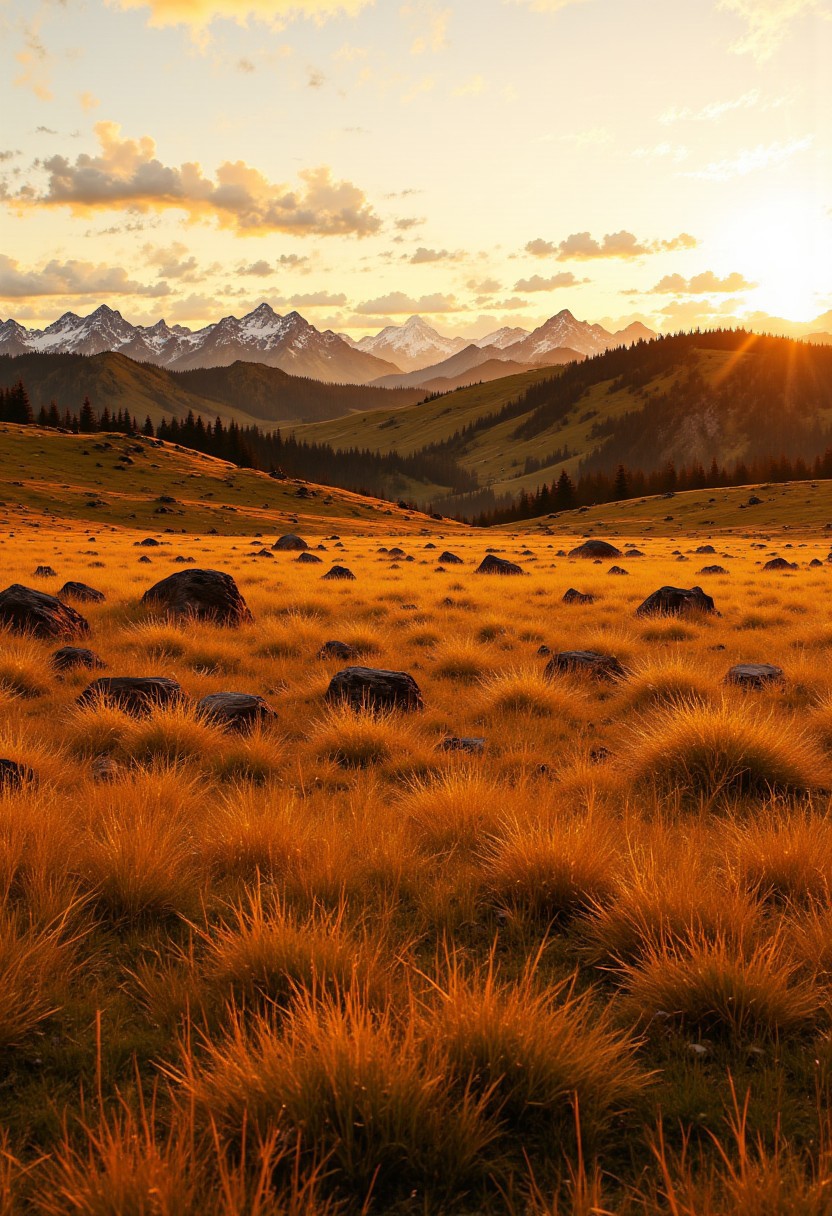 New Zealand South Island Grasslands – Warm Golden Hues
"A breathtaking expanse of golden grasslands on New Zealand’s South Island, where the sun sets behind rolling hills covered in soft, sunlit fields. The grasses shift in the evening breeze, their delicate blades reflecting the warm, golden glow. In the background, distant snow-capped mountains catch the last light of the day, adding contrast to the earthy tones of the prairie."