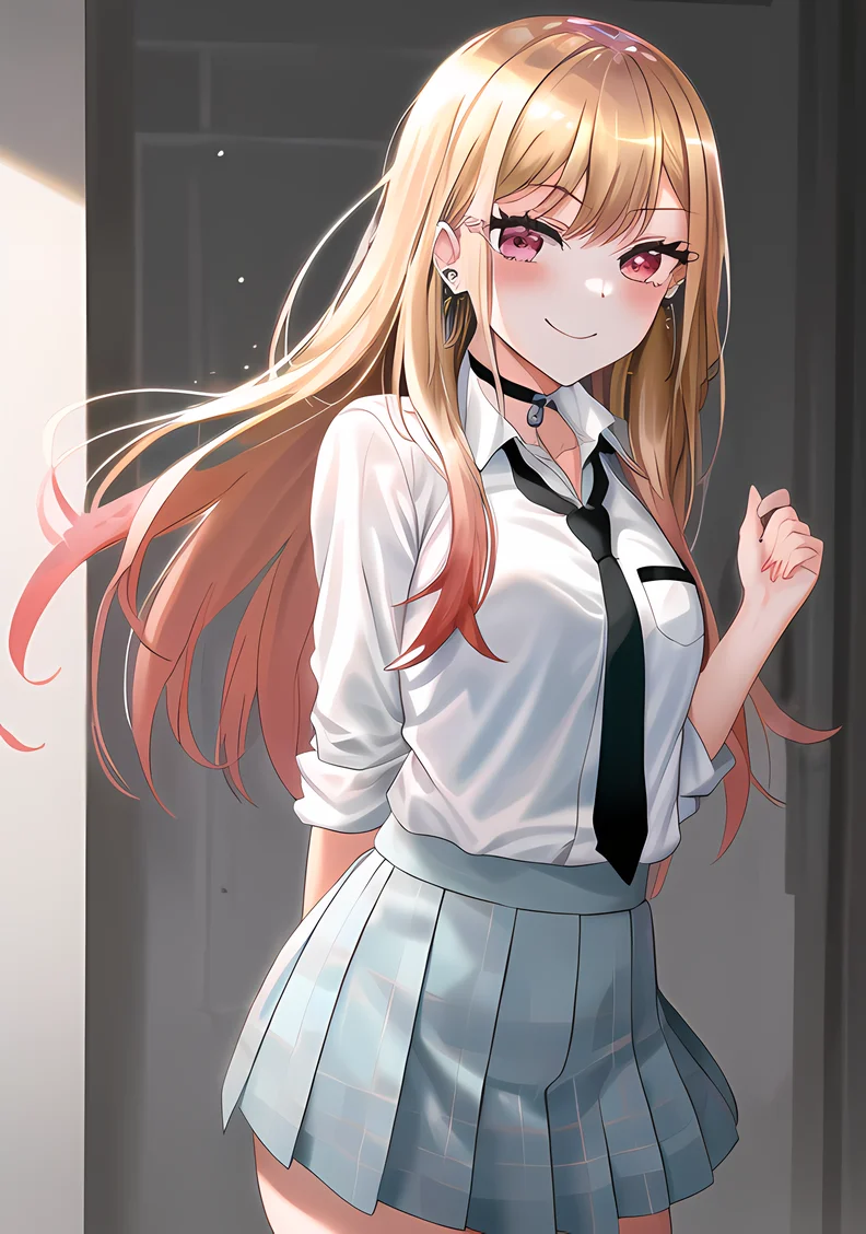 best quality, 1girl, standing, smile, earrings, barbell piercing, cowboy shot, white collared shirt, black choker, (black necktie), skirt, school, corneo_marin_kitagawa