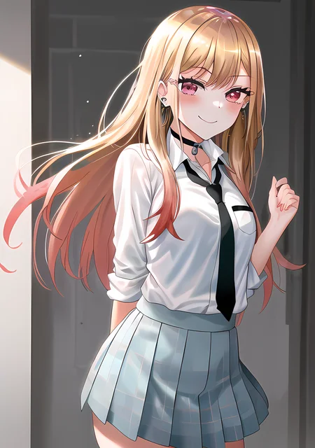 best quality, 1girl, standing, smile, earrings, barbell piercing, cowboy shot, white collared shirt, black choker, (black necktie), skirt, school, corneo_marin_kitagawa