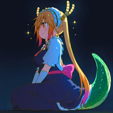 masterpiece, best quality, simple illustration, Tohru, Tohru_(Maidragon) , full body, solo, dark background, sparkles, vivid colors, tail ,happy, sitting, Main Outfit