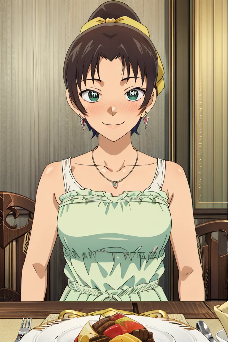 kazuhatv,1girl,solo,short hair,hair ribbon,ponytail,medium breasts,nose blush,embarrassed, sleeveless dress,earrings, indoors, banquet,table, smile, necklace, table,fork,
<lora:kazuhatv:0.8>