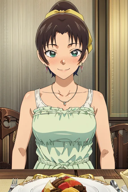 kazuhatv,1girl,solo,short hair,hair ribbon,ponytail,medium breasts,nose blush,embarrassed, sleeveless dress,earrings, indoors, banquet,table, smile, necklace, table,fork,
<lora:kazuhatv:0.8>